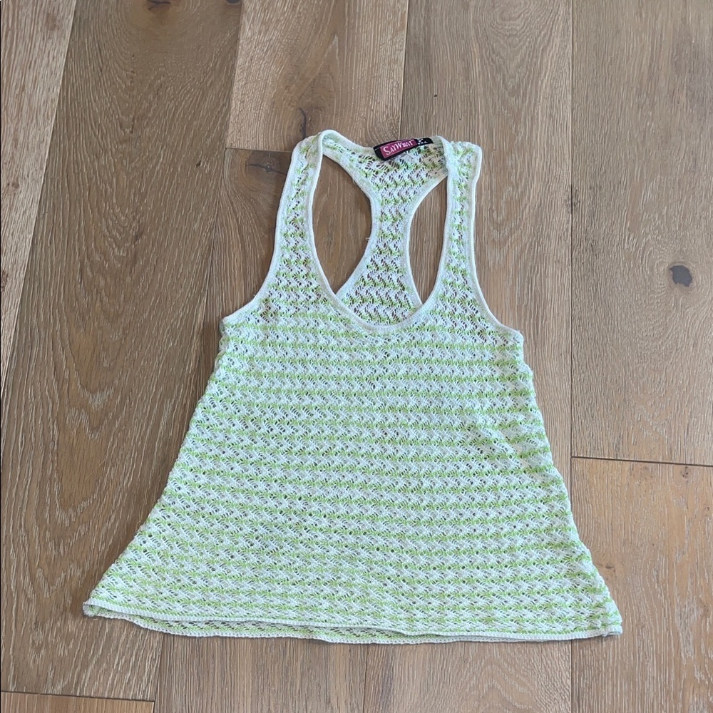 Y2k Say What? Lime and White Knit Tank Top xl crochet neck